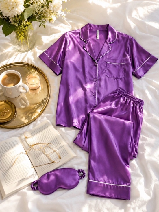 Zenana Outfitters Other - Zenana Outfitters Purple Satin Pajama Set with Eye Mask